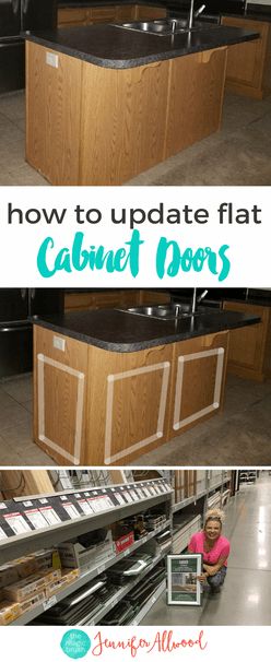 How update flat Cabinet Doors - Jennifer Allwood - Kitchen Makeover Ideas - Cabinet Makeover Ideas | Cabinet Panels | Wainscot Moulding Flat Cabinet Doors, Kitchen Cupboard Makeover, Cabinet Door Makeover, Diy Kitchen Cupboards, Cupboard Makeover, Cheap Kitchen Makeover, Diy Kitchen Makeover Ideas, Flat Cabinets, Cabinet Makeover Diy