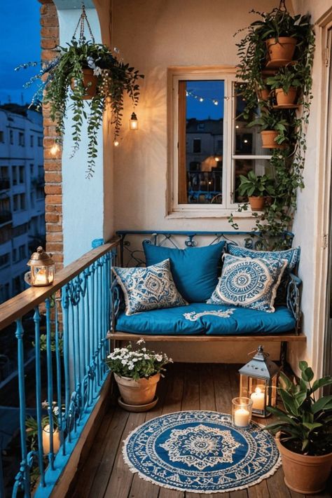 a cozy balcony that feels like a private haven for relaxation. The space is adorned with a mix of soft textures and warm colors, transforming it into a charming retreat The floor is covered in a woven outdoor rug in soothing blue tones, providing a comfortable base Balcon Mic, Balcony Flower Box, Balcony Decor Ideas, Small Apartment Balcony Ideas, Cozy Balcony, Deck Railing Design, Small Balcony Garden, Cozy Outdoor, Cosy Spaces