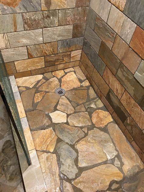 Shower tile Bathroom Shower Walls, Cabin Bathrooms, Rustic Bathroom Designs, Rustic Bathrooms, Bathroom Remodel Shower, Stone Walls, Dream Bathrooms, Shower Remodel, Rustic Bathroom