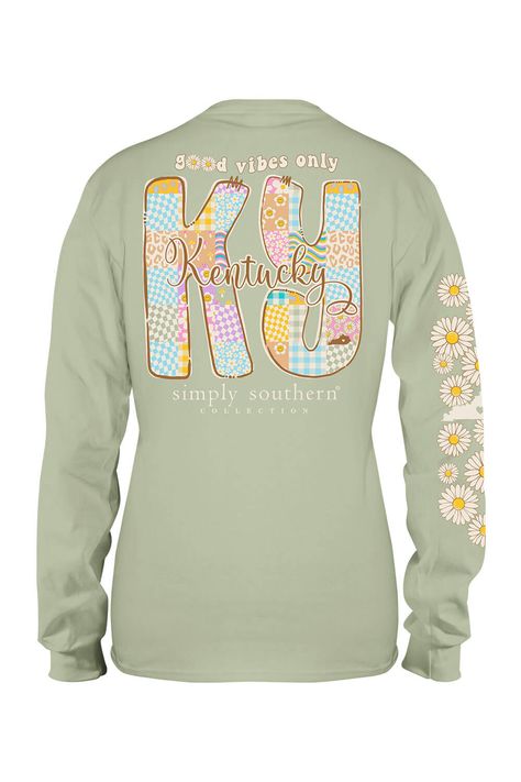 Represent your state in this adorable Simply Southern Plus Size Long Sleeve Kentucky T-Shirt for Women in Sage this season! With fun state graphics and a lightweight design, this short sleeve tee is perfect for any spring activity. Complete the look with leggings or denim! Features: Simply Southern Style: EXT-LS-STATE-KY-SAGE Color: Sage 100% Cotton Simply Southern Shirts Long sleeves, crew neckline Simply Southern logo on front chest with state graphic Back Graphic: "KY" in bubble letters with Southern Logo, Alabama T Shirts, Spring Activity, Simply Southern Shirts, Green Long Sleeve Shirt, Southern Shirts, Sage Color, Bubble Letters, Spring Activities