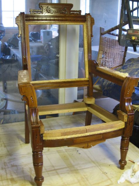 Eastlake chair being repaired. Eastlake Furniture Victorian, Eastlake Chair, Eastlake Furniture, Parlor Chair, Victorian Chair, Chair Parts, Antique Restoration, Reupholster Furniture, East Lake