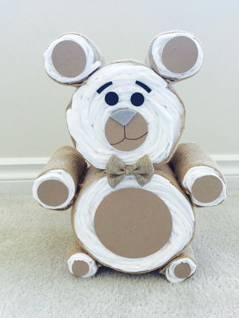 Diaper Sculpture Shower Gifts, Teddy Bear Diaper Cake Tutorial, Bear Diaper Cakes For Baby Boy, Diy Diaper Cake Tutorial, Teddy Bear Diaper Cake, Diaper Animals, Jeep Diaper Cake, Bear Diaper Cake, Diaper Cakes Tutorial