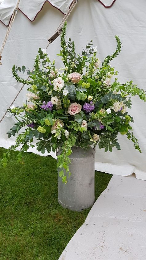 Milk Churns Wedding, Milk Churn Flowers Wedding, Flowers In Milk Churns, Small Church Wedding Decorations, Milk Churn, Country Wedding Flowers, Bright Wedding Flowers, Church Wedding Decorations, Church Flower Arrangements