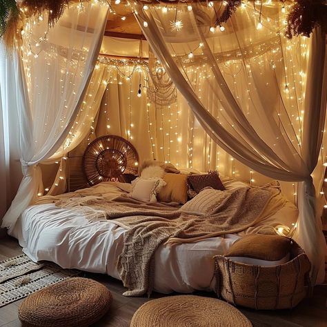 Round Bed With Canopy, Round Canopy Bed, Canopy Bed Frame Ideas, Rattan Blanket, Nyc Bedroom, Romantic Bedrooms, Wood Canopy, Dream Bedroom Inspiration, Canopy Curtains