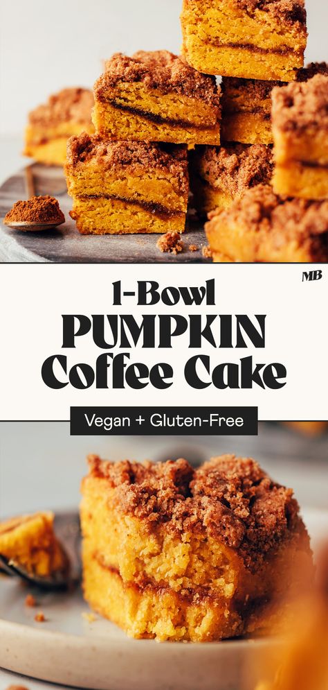 The ultimate fall dessert: pumpkin coffee cake with a pumpkin-spiced streusel topping. Vegan, gluten-free, and just 1 bowl and 10 ingredients required! Coffee Cake Vegan, Pumpkin Coffee Cake Recipes, Banana Diaries, Pumpkin Coffee Cake, Vegan Pumpkin Recipes, Pumpkin Coffee Cakes, Healthy Thanksgiving, Cake Vegan, Pumpkin Coffee