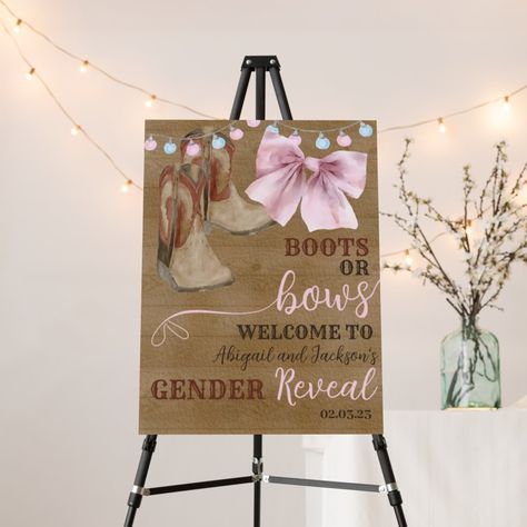 Boots or bows gender reveal welcome sign. This cowboy or cowgirl gender reveal welcome poster for you to personalize for the perfect event. Rodeo print for western themed gender reveal. Boy or girl welcome signage featuring baby cowboy boots and bow.  This rustic welcome print designed and drawn digitally by me. Boots And Bows Gender Reveal Decorations, Boots Or Bows Gender Reveal Decorations, Gender Revelation Ideas, Boots And Bows Gender Reveal, Western Gender Reveal Ideas, Cowboy Or Cowgirl Gender Reveal, Boots Or Bows Gender Reveal, Gender Reveal Boy, Bows Gender Reveal