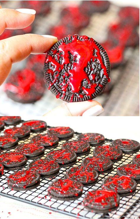 Diy Blood, Cookies For Halloween, Halloween Sweet Treats, Horror Themed Party, Twilight Party, Oreo Cookie Recipes, Vampire Party, Zombie Birthday Parties, Cookies Halloween