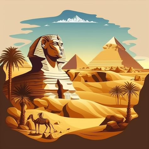 Egypt Drawing Ideas, Egypt Drawing, Egypt Painting, Egypt Illustration, Sphinx Egypt, Egyptian Poster, Egypt Crafts, Egypt Poster, Pyramids Egypt