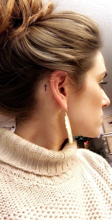 Cross tattoo behind ear. Small Tattoos With Meaning Quotes, Tiny Cross Tattoo, Unique Tattoos Black Women, Simple Cross Tattoo, Behind Ear Tattoos, Tattoo Placements, Small Shoulder Tattoos, Cross Tattoos For Women, Small Tattoos With Meaning