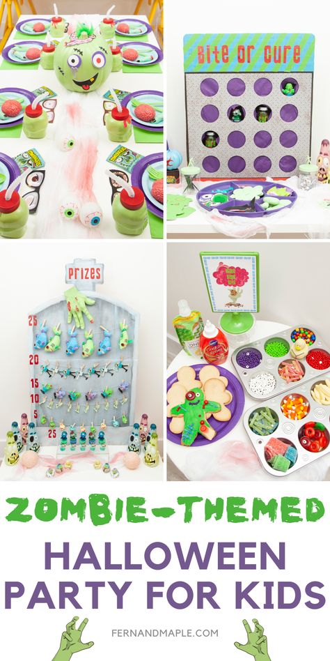 Create a fun Zombie-Themed Kids Halloween Party that includes all of the undead details, but with a lighter and sillier twist to make it more playful for kids! Get details and instructions for how to make DIY games, prize station, and zombie cookie decorating station now at fernandmaple.com! Zombie Birthday Party Games, Zombie Activities For Kids, Zombie Party Ideas, Zombie Party Games, Kids Zombie Party, Zombie Party Food, Zombie Birthday Party, Zombie Themed Party, Halloween Party Ideas For Kids