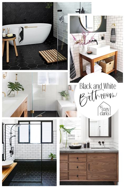 Black and white is such a versatile color scheme—you can liven it up with bright towels, or ground it with natural colors and textures. That's why it's perfect for a modern farmhouse master bathroom. White Bathroom Mood Board, Bathroom Mood Board Inspiration, Scandi Bathroom, Bathroom Mood Board, White Bathrooms, Country Bathroom Decor, Black And White Bathroom, Small Bathtub, House Bathrooms