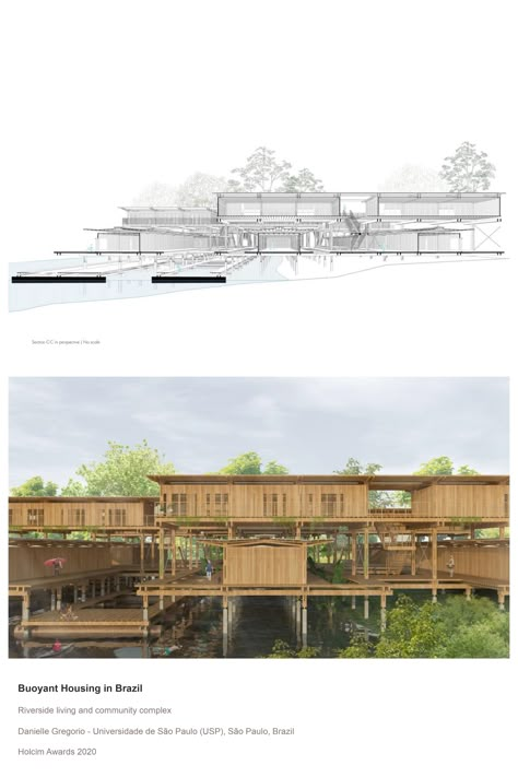 This Holcim Awards 2020 winning project’s objective is to provide housing for the low-income riverside population of Manaus currently living in precarious and risky conditions. The design takes inspiration from the traditional stilt and floating house typology to not only suit the local environmental conditions (including the seasonal fluctuation in water levels of the river) but also to recover and recognize the value of indigenous... Ideas: Economic & Social Empowerment, Housing Needs Stilt Building Architecture, Stilt Architecture, Tidal Architecture, Eco Friendly House Architecture, Riverside Architecture, Floating House Design, House On River, Stilts House, Urban House Design