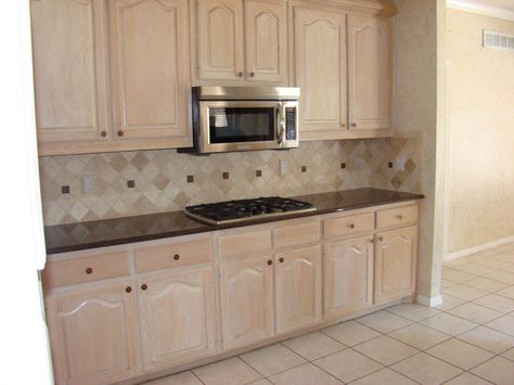 kitchens with pickled oak cabinets | Kitchen Remodel: Before & After Bleach Kitchen Cabinets, Bleached Oak Cabinets, Whitewash Kitchen Cabinets, Island Backsplash, Light Oak Cabinets, White Oak Kitchen Cabinets, Kitchen Quartz, Hickory Kitchen Cabinets, Hickory Kitchen