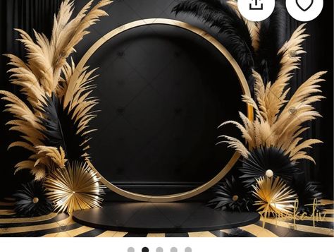 Black And Gold Feather Centerpieces, Black And Gold Backdrop Ideas, Gold And Black Backdrop, Black And Gold Background, Black And Gold Party Decorations, Elegant Backdrop, Feather Centerpieces, Digital Photography Backdrops, Stage Design Ideas