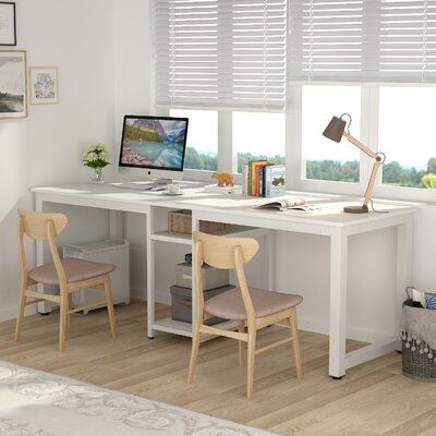 The simple modern style and spacious side-by-side workspace make its space-saving, much more effective, and unparalleled versatility. This extra-large two-person office desk with a shelf is ideal for any personal office space, training room, or another working environment. Color: White | Latitude Run® Antoinese Desk Wood in White, Size 29.53 H x 78.74 W x 23.62 D in | Wayfair Dual Office, Two Person Office, 2 Person Desk, Desk For Two, Desk With Shelf, Office Layouts, Two Person Desk, Office Redo, Homework Room