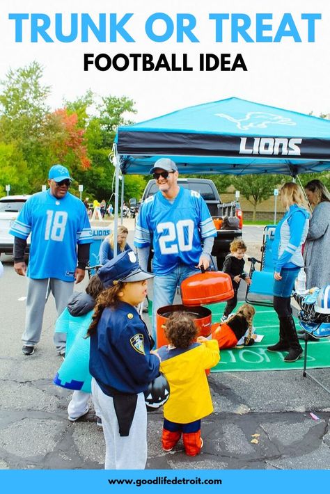 We took the kids to their first trunk or treat event in Metro Detroit! They had a blast! Look at this trunk or treat football theme! I thought it was pretty cool because they did a Detroit Lions football theme. They set up a tent with a DIY football rug and they wore their Detroit Lions football jerseys. One guy even had candy in a grill (unlit of course) for the kids to get their candy. Really cool! #goodlifedetroit #trunkortreat #trunkortreatfootball #Detroit Trunk Or Treat Ideas Football Theme, Football Themed Trunk Or Treat, Trunk Or Treat Football Theme, Football Trunk Or Treat Ideas, Football Trunk Or Treat, Trunk Or Treat Car Ideas, Football Rug, Football Diy, Detroit Lions Football