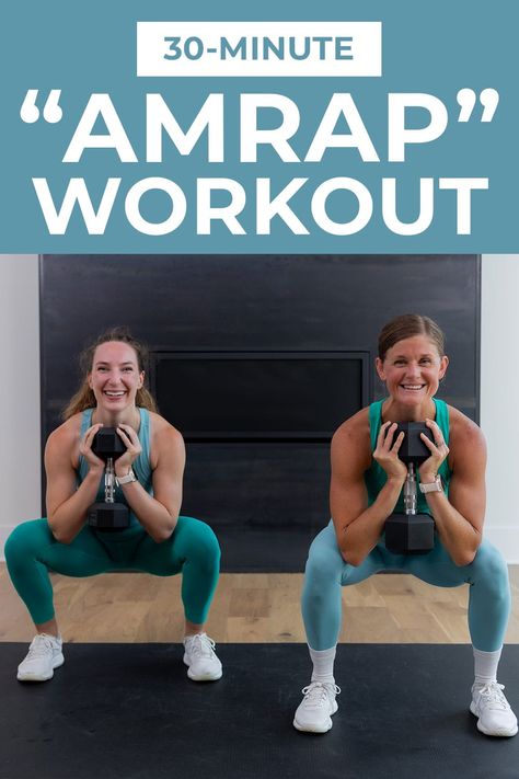 Build total body strength and raise your heart rate with this full body AMRAP workout! AMRAP (as many rounds as possible) means you work at your pace. This full body dumbbell workout pairs a lower body exercise and an upper body exercise in each circuit for a total body burnout. Count your reps and work at your pace. Nml Workouts, Mom Exercise, Upper Body Exercise, Ladder Workout, Full Body Dumbbell, Pregnancy Workout Videos, Amrap Workout, Hiit Workout Videos, Dumbbell Workouts