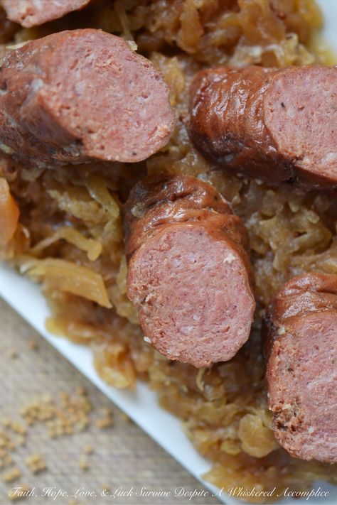 Bratwurst Recipes Crockpot, Brats And Sauerkraut, Crockpot Sauerkraut, German Sauerkraut, Brats Recipes, Bratwurst Recipes, German Food Authentic, German Sausage, Love And Luck