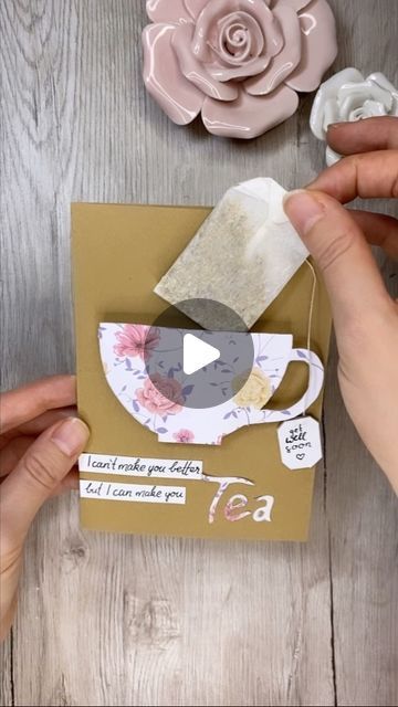 Katharina Tarta on Instagram: "Just a little trick to make anything on your card ‚pop out‘ a little 😉 Plus it was super convenient for this get well card because with the cup elevated I could put the tea bag ‚in‘ it without bending the cup 😊 Anyway, I hope you like this trick and the card 😊🤧🌸 #cardmaking #getwellsooncard #cardmakingtutorial" Get Well Cards Handmade Cute Ideas, Diy Cards Get Well, Diy Tea Bags, Get Well Soon Cards, Handmade Invitation Cards, Tea Cup Card, Life Is A Game, Victorian Crafts, Origami Artist