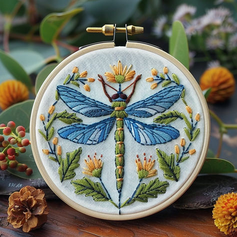 Let's stitch this beautiful dragonfly and floral hand embroidery pattern 🐉🌸. Perfect for a 6-inch embroidery hoop. Instant download pattern for embroidery stitching enthusiasts. #EmbroideryPattern #HandEmbroidery #DragonflyEmbroidery #FloralStitching #EmbroideryDesign Embroidery Dragonfly, Dragonfly Crafts, Dragonfly Embroidery Design, Insect Embroidery, Embroidered Dragonfly, Pattern For Embroidery, Dragonfly Embroidery, Nature Embroidery, Bugs Embroidery