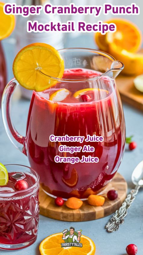 "Celebrate the season with this refreshing Ginger Cranberry Punch mocktail recipe! Perfect for holiday gatherings, this festive beverage combines the zesty flavor of ginger with the tartness of cranberry. Ideal for anyone seeking non-alcoholic cocktails, this easy punch recipe will delight your guests and elevate your holiday drinks. Discover how to make this delicious Ginger Cranberry Punch and impress everyone with your mixology skills! Perfect for any celebration!" Easy Party Punch Non Alcoholic, Non Alcoholic Drinks Holiday, Easy Punch Recipe, Punch Mocktail, Christmas Mocktail Recipes, Party Punch Alcohol, Fall Punch Recipes, Cranberry Mocktail, Cranberry Ginger Ale