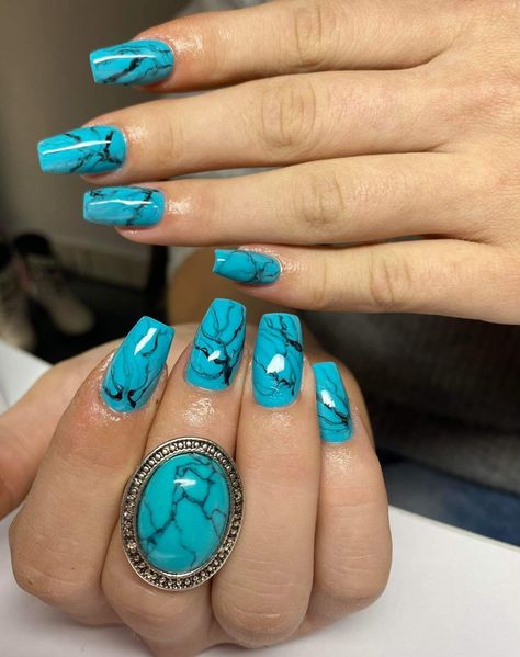 Turquoise Wedding Nails For Bride, Torquise Nails Turquoise Design, Turquoise Design Nails, Teal Colored Nails, Turquoise And Grey Nails, Turquoise Nail Design, Teal Birthday Nails, New Job Nails, Torquise Blue Color Nails