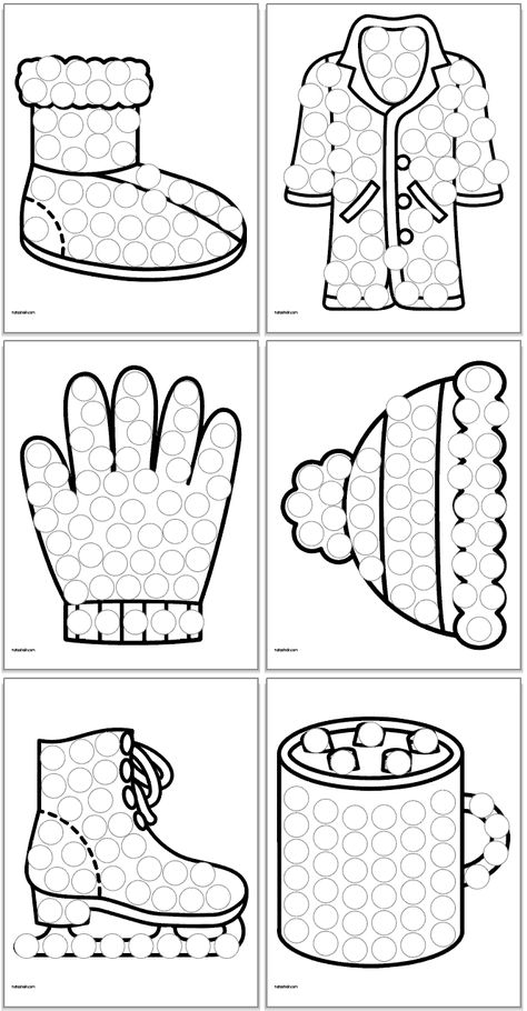 These free winter dot painting printables are no-prep fun for a snow day! Free dot marker coloring pages for preschool and kindergarten. They're a developmentally appropriate fine motor activity! Snow For Preschool, All About Winter Preschool Activities, Winter Artwork For Preschoolers, Snow Math Activities For Toddlers, Winter Fun Crafts Preschool, Paper Study For Toddlers, Qtip Christmas Painting, No Prep Preschool Crafts, What Do We Wear In Winter Preschool