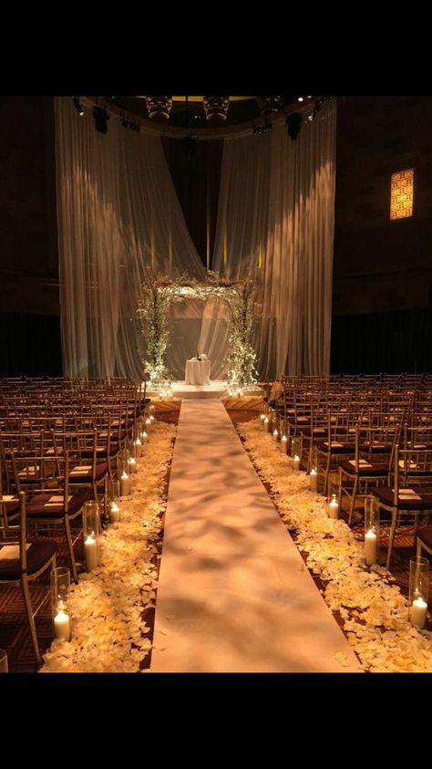 Candles And Rose Petals Wedding Aisle, Chuppah With Candles, Orchid Chuppah, Candle Lit Wedding Ceremony, Evening Wedding Decor, Church Aisle Decorations, Enchanted Forest Wedding Theme, Cherry Blossom Candle, Candle Lit Ceremony