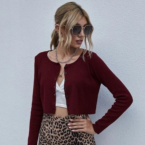 Solid Button Front Crop Cardigan | Size Large (8/10) Long Red Cardigan, Magenta Cardigan, Magenta Colour, Off Brand, Cardigan Long Sleeve, Red Violet, Crop Cardigan, Red Cardigan, Cardigan Outfits