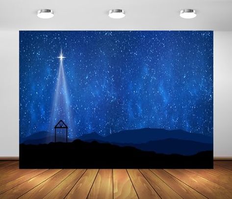 Nativity Backdrop Stage Design, Nativity Window Display, Advent Church Decorations, Biblical Christmas, Sanctuary Decor, Blue Starry Sky, Nativity Manger, Advent Decorations, Worship Backgrounds