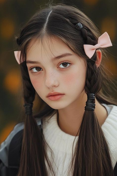 back to school, hairstyles, effortless School Headband Hairstyles, School Hairstyles With Bows, Braided Hair Band Hairstyles, Pigtail Braids With Ribbon, Ribbon Hairstyle Pigtails, School Photo Hairstyles Tied Up, Two Long Braids, Easy Back To School Hairstyles, Relaxed Updo