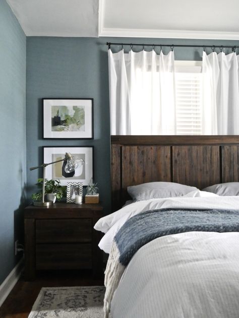 Gray Paint Colors For Bedroom, Sherwin Williams Blustery Sky, Bedroom Dark Furniture, Bedroom Dark Wood, Blustery Sky, Bedroom Blues, Blue Gray Bedroom, Dark Bedroom Furniture, Bedroom Dark