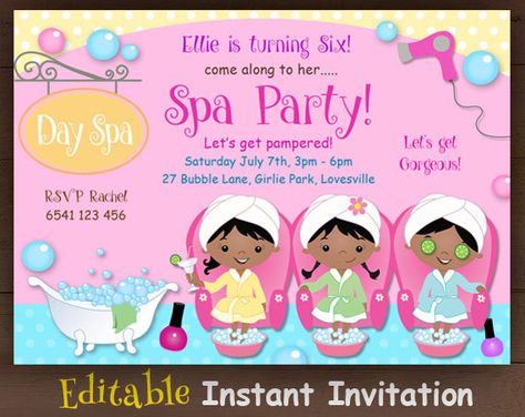 EDITABLE  D.i.y. Printable Pdf Party by LittlePumpkinsPix on Etsy Pedicure Party, Spa Party Invitations, Kids Spa, Spa Birthday Parties, Spa Birthday, Pamper Party, Spa Day At Home, Day Spa, Spa Party