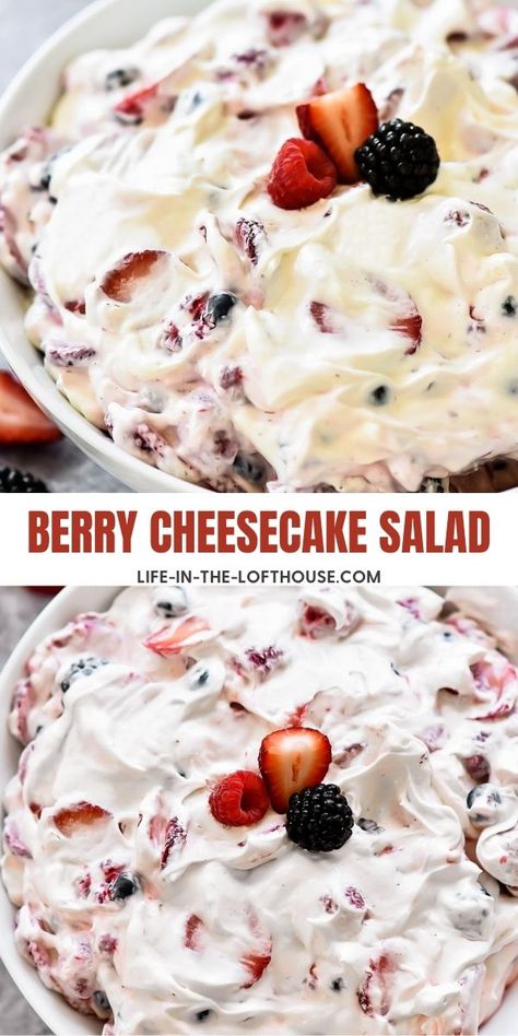 Berry Cheesecake Salad - Life In The Lofthouse Berry Cheesecake Salad, Berry Cheesecake Recipes, Life In The Lofthouse, Cheesecake Fruit Salad, Grain Salads, Cheesecake Salad, Easy Summer Dessert Recipes, Fluffy Cheesecake, Creamy Fruit Salads