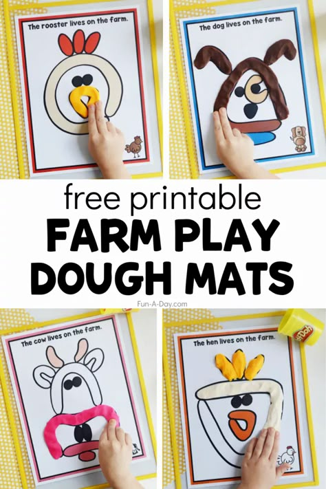 Free printable farm animal playdough mats perfect for preschool, pre-k, and kindergarten kids. Use them during your next farm theme or after a field trip to the farm. Lots of fine motor, math, and literacy skills with simple farm play dough mats. Click on Fun-A-Day.com to get your own copy. Farm Animal Lessons For Preschool, Farm Animal Fine Motor Preschool, Farm Day Activities For Kindergarten, Farm Animals Preschool Theme Sensory Bins, Fall Farm Crafts Preschool, Farm Animal Pre K Activities, Farm Theme Learning Activities, Farming Prek Activities, Farm Animal Sensory Bin Preschool