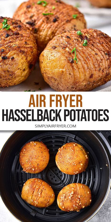 Want to make air fryer Hasselback potatoes? Covered in oil and fragrant spices, these fancy potatoes are an easy-to-make potato side dish! Potato Recipes Hasselback, Fancy Potatoes, Air Fryer Hasselback Potatoes, Russet Potato Recipes, Potato Side Dish, Making Baked Potatoes, Hasselback Potatoes, 2024 Recipes, Emeril Lagasse