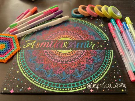 Neon color mandala with name in center Mandala With Name, Name Mandala Art, Name Mandala, Color Mandala, Black Paper Drawing, Mandala Design Pattern, Mandala Designs, Cute Canvas Paintings, Pencil Drawings Easy