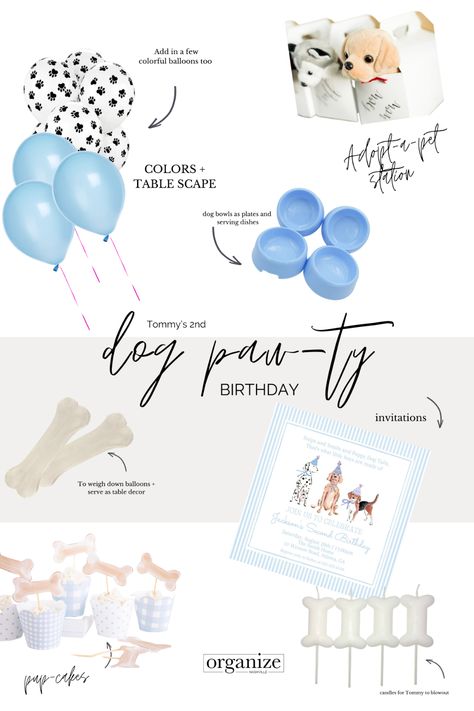 Puppy 2nd Birthday Party Boy, Dog Pawty Cute Ideas, Pawty Dog Party, Puppy Birthday Party Theme, Dog Bday, Puppy Party Theme, Puppy Pawty, Birthday Organizer, Dog First Birthday