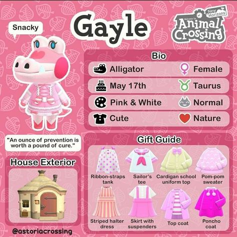 Acnh Gayle, Gayle Acnh, Gift Guide Animal Crossing, Acnh Wishlist, Acnh Characters, Acnh Tips, Acnh Villagers, Character Bio, Animal Crossing 3ds