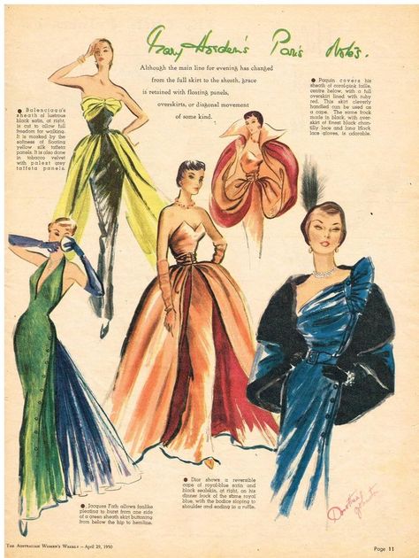 AUSTRALIAN  Vintage Fashion Art 1950 Original  DIOR  FATH  PAQUIN  PARIS Fashion Sketches 50s, Dior 50s Gown, 1950s Fashion Sketches, Vintage Fashion Drawings, Old Fashion Illustration, 1950s Fashion Plates, 1954 Fashion, Vintage Fashion Illustration, Vogue Illustrations