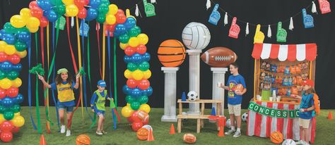 Sports Theme VBS Ideas Sports Day Board Decoration, Sports Themed Office, Sports Day Banner, Sports Day Decoration, Gala Decorations, Annual Day, School Board Decoration, Vbs Themes, Vbs Ideas