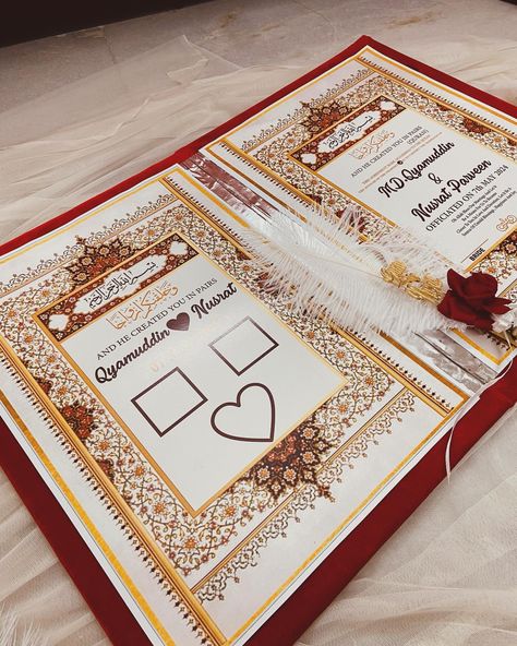 Nikah Namah❤️ Every ‘Qubool hai’ marks the beginning of beautiful forever💫 A Beautiful Nikah Namah with pen on frame can be customised according to your preferences colour/theme Dm us for more details 💌 Don’t forget to to like , share , comment 🙈 For more such creative ideas and gifts do follow and stay tunes with @art_attack000 #nikahnama #nikahnamahbooklet #nikahnamabooklet #nikahframe #weddinginspiration #weddingideas #weddingdecor #weddingessentials #nikahthings #nikah #ａｅｓｔｈｅｔｉｃ Nikah Aesthetic, Nikah Decor, Mehendi Decor Ideas, Wedding Card Frames, Bridal Henna Designs, Dressing Sense, Colour Theme, Fancy Dresses Long, Art And Craft Design