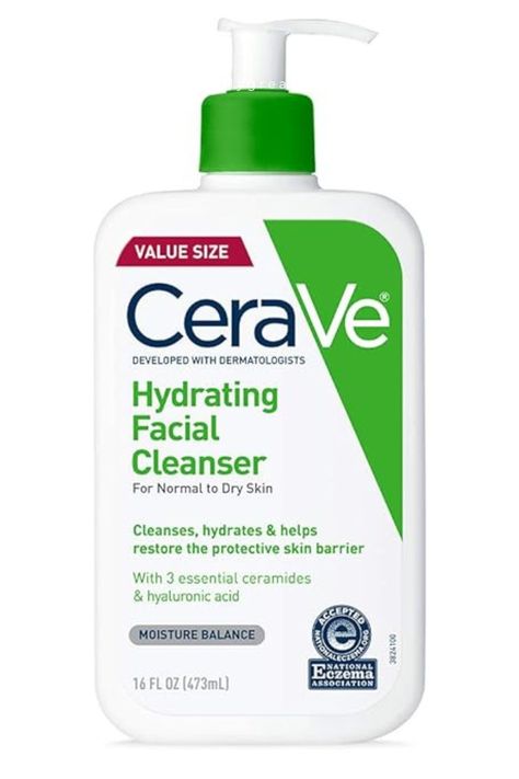 Hydrating Face Wash with Hyaluronic Acid, Ceramides & Glycerin. Ideal for dry, sensitive skin, it cleanses without stripping moisture. Non-foaming, fragrance-free, and National Eczema Association certified. Suitable for daily use on face and body. Developed with dermatologists. #CeraVe #HydratingCleanser #affiliateprogram #amazonaffiliateprogram Face Wash For Dry Skin, Cerave Hydrating Facial Cleanser, Facial Cleansing Routine, Cerave Cleanser, Hydrating Facial Cleanser, Diy Makeup Remover, Hydrating Face Wash, Gentle Face Cleanser, Sephora Skin Care