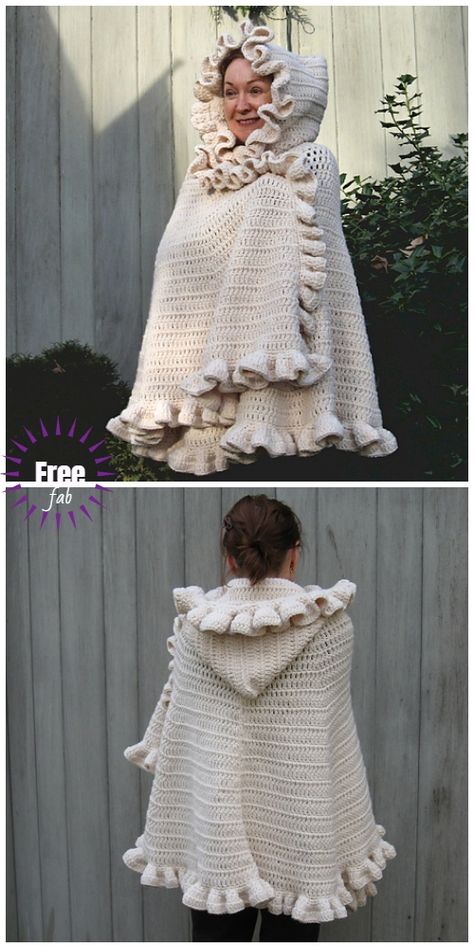 Crochet Ruffled Shawl Cape Free Crochet Pattern Crochet Ruffles Pattern, Hooded Cape Crochet, Ruffled Shawl, Crochet Shawlette, Crochet Cape Pattern, Diy Granny Square, Crochet Prayer Shawls, Crochet Poncho Free Pattern, Crochet Cape