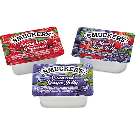 Food, Snacks, Beverages & Vending Machines | Food, Condiments & Sauces | Smucker's® Jam Assortment, Single Serving Packs, 0.5 oz., 200/Carton | B920686 - GlobalIndustrial.com Smuckers Jam, Concord Grape Jelly, Condiment Dispenser, Jelly Cups, Grape Jam, Food Type, Peanut Butter Sandwich, Grape Jelly, Fruit Jelly