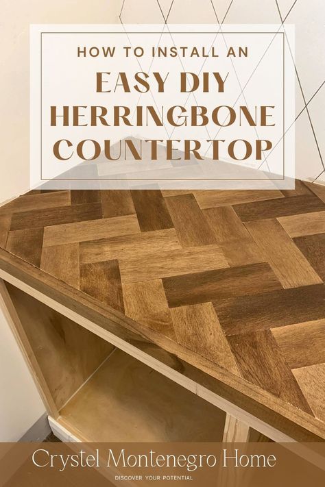 Ready to revamp your kitchen or bathroom? Learn how to create a chic herringbone countertop redo without breaking the bank! Our budget-friendly tips and tricks will help you achieve a high-end look for less. Say goodbye to outdated surfaces and hello to modern elegance with this affordable DIY project! Countertop Diy Ideas, Countertop Design Ideas, Diy Tile Countertop, How To Redo Counter Tops, Creative Countertop Ideas, Herringbone Wood Countertop, Wood Countertops Kitchen Farmhouse Style, Herringbone Countertop, Diy Bar Countertop