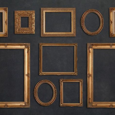 Golden Frame Aesthetic, Black Gallery Wall, Gold Frame Gallery Wall, Gold Gallery Wall, Frame Gallery Wall, Empty Picture Frames, Frames Wall, Empty Frames, Photo Wall Gallery