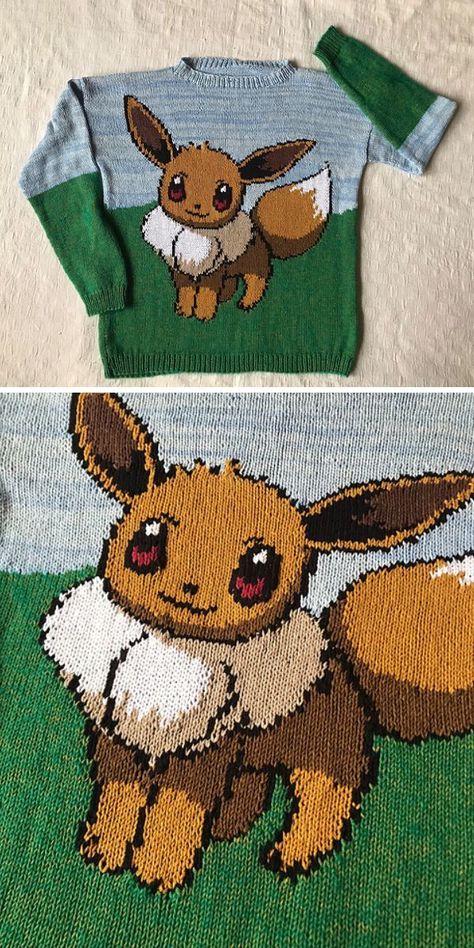 Do your kids love Pokemon cartoons? Knit an Eevee Pokemon sweater for them! It will be a fun project because of the many color changes and details, but the result is worth it, and the knitting pattern is free. Enjoy! #freeknittingpattern #knittedsweater #knittedbabysweater #babysweater #pokemonsweater #pokemon #eeveepokemon Pokemon Baby Clothes, Pokemon Sweater, Knit Patterns Free, Sweater Free Knitting Pattern, Love Pokemon, Crochet Pokemon, Pokemon Pattern, Knitting Patterns Free Blanket, Animal Sweater