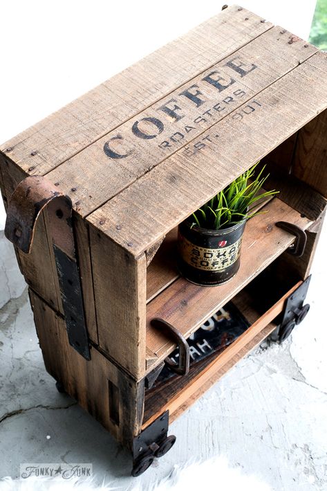 Industrial coffee themed crate cart made with Funky Junk's Old Sign Stencils Industrial Furniture Table, Industrial Diy Decoration Ideas, Industrial Diy Decoration, Cafe Industrial, Crate Side Table, Industrial Cart, Industrial Diy, Industrial Home Design, Rustic Home Interiors