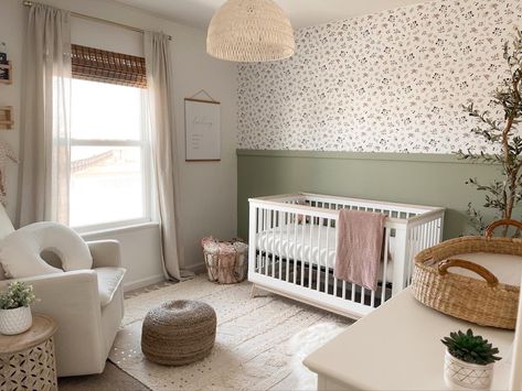 Green And Floral Nursery, Dado Rail Nursery, White Beige Green Nursery, Light Green Accent Wall Nursery, Simple Baby Room, Sage Green Feature Wall Nursery, Green And Grey Nursery, Sage Green Nursery Gender Neutral Accent Wall, Two Tone Wall